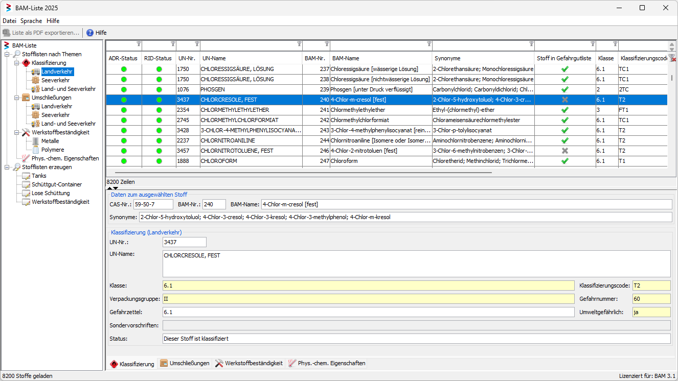 Screenshot einer Stoffrecherche der BAM-Liste Screenshot einer Stoffrecherche der BAM-Liste