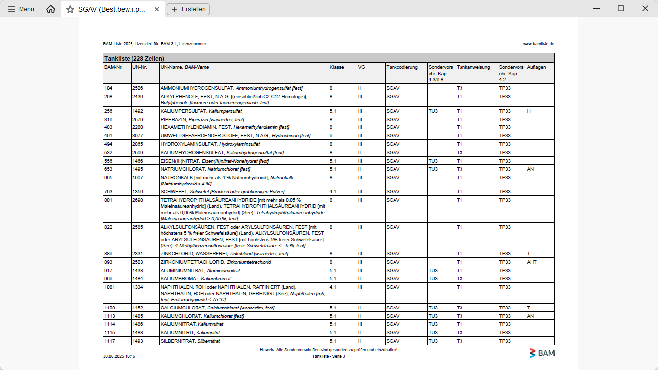 Screenshot einer Stoffliste der BAM-Liste