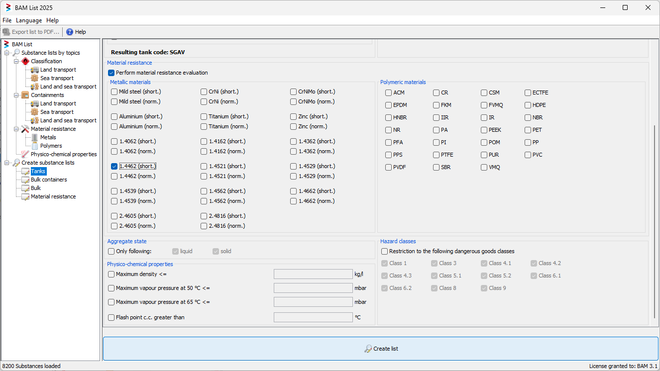 Screenshot of the creation of a substance list in the BAM List