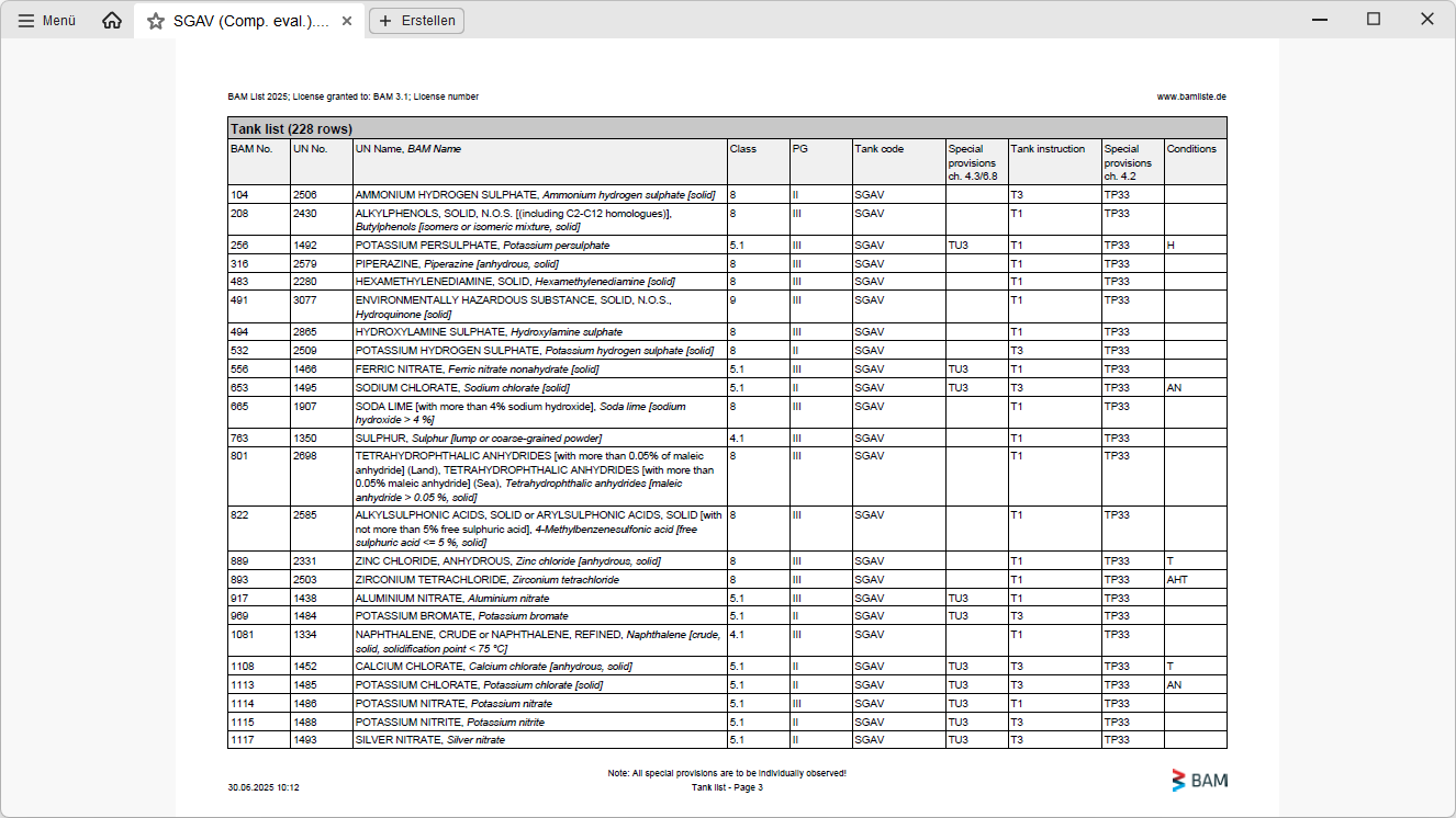 Screenshot of a substance list of the BAM List Screenshot of a substance list of the BAM List