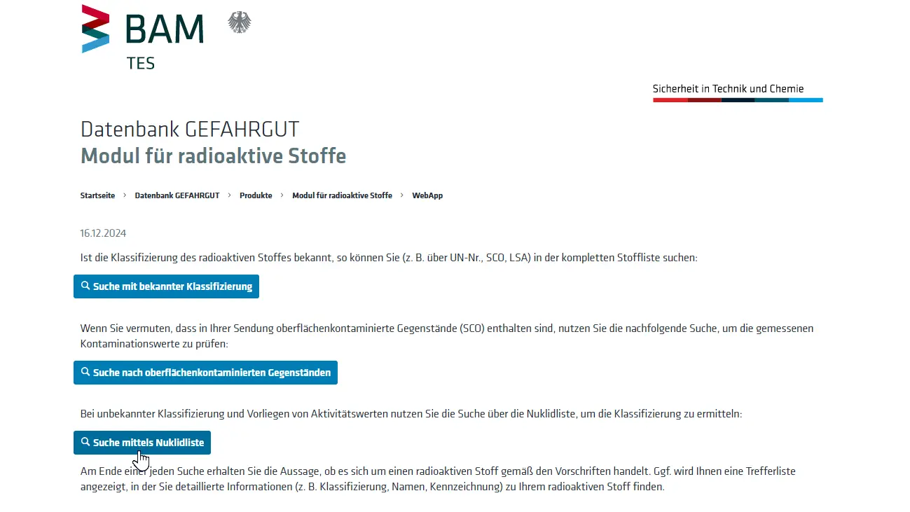 Modul für radioaktive Stoffe Startseite Screenshot von der Startseite vom Modul für radioaktive Stoffe