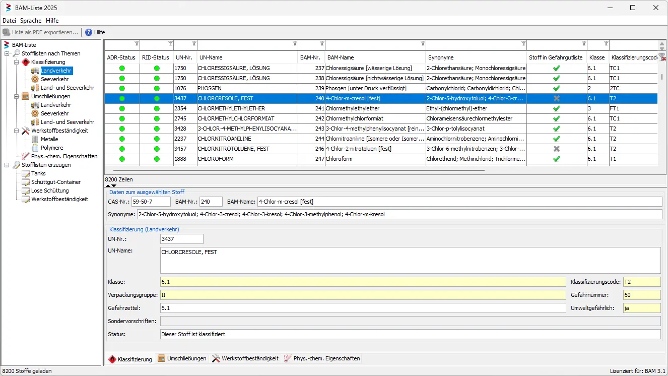 Screenshot einer Stoffrecherche der BAM-Liste